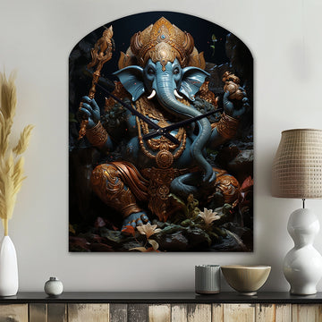 Teal Gold Indian Art Mystic Ganesha - Asymmetric Metal Wall Clock
